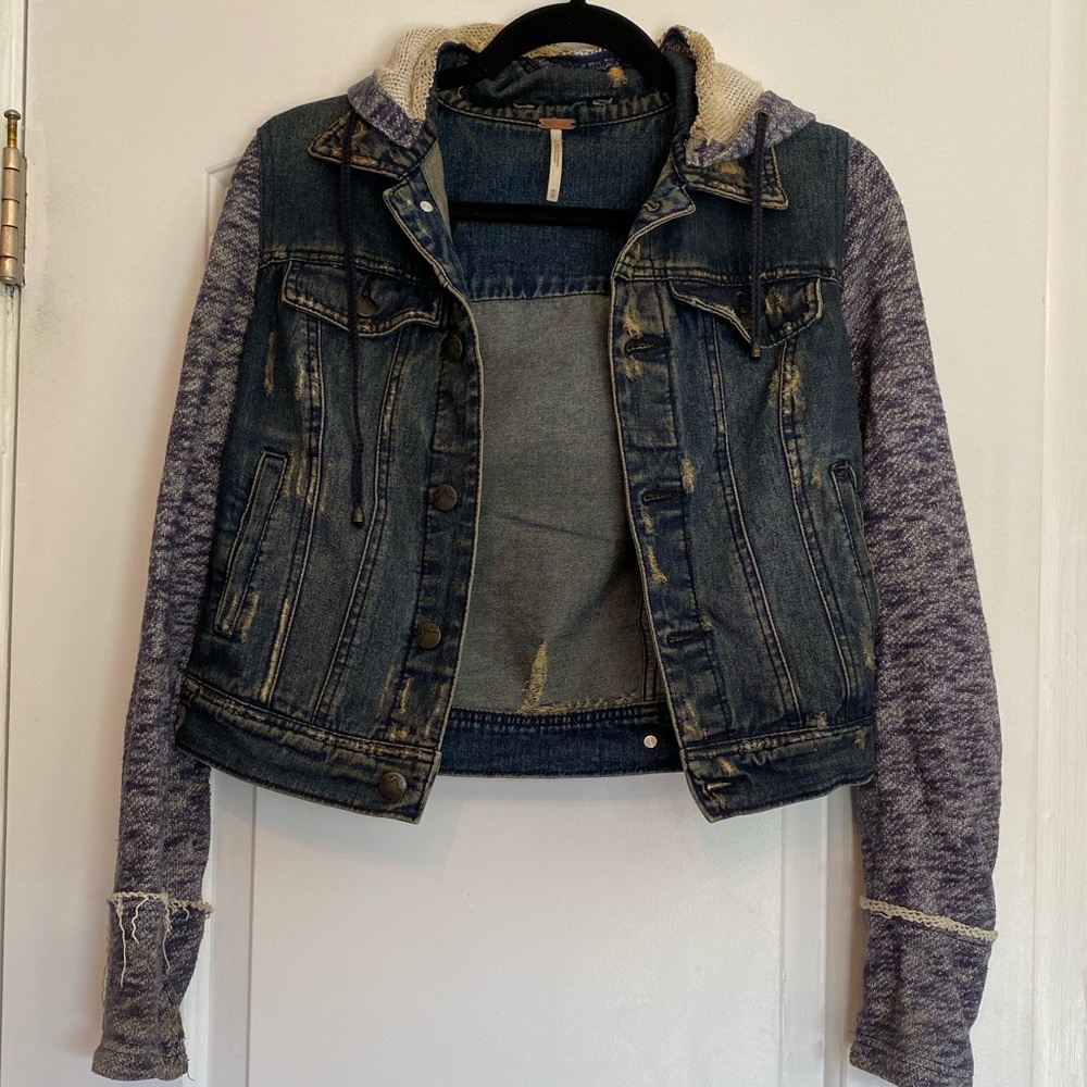 Free people denim jacket with sweatshirt sleeves